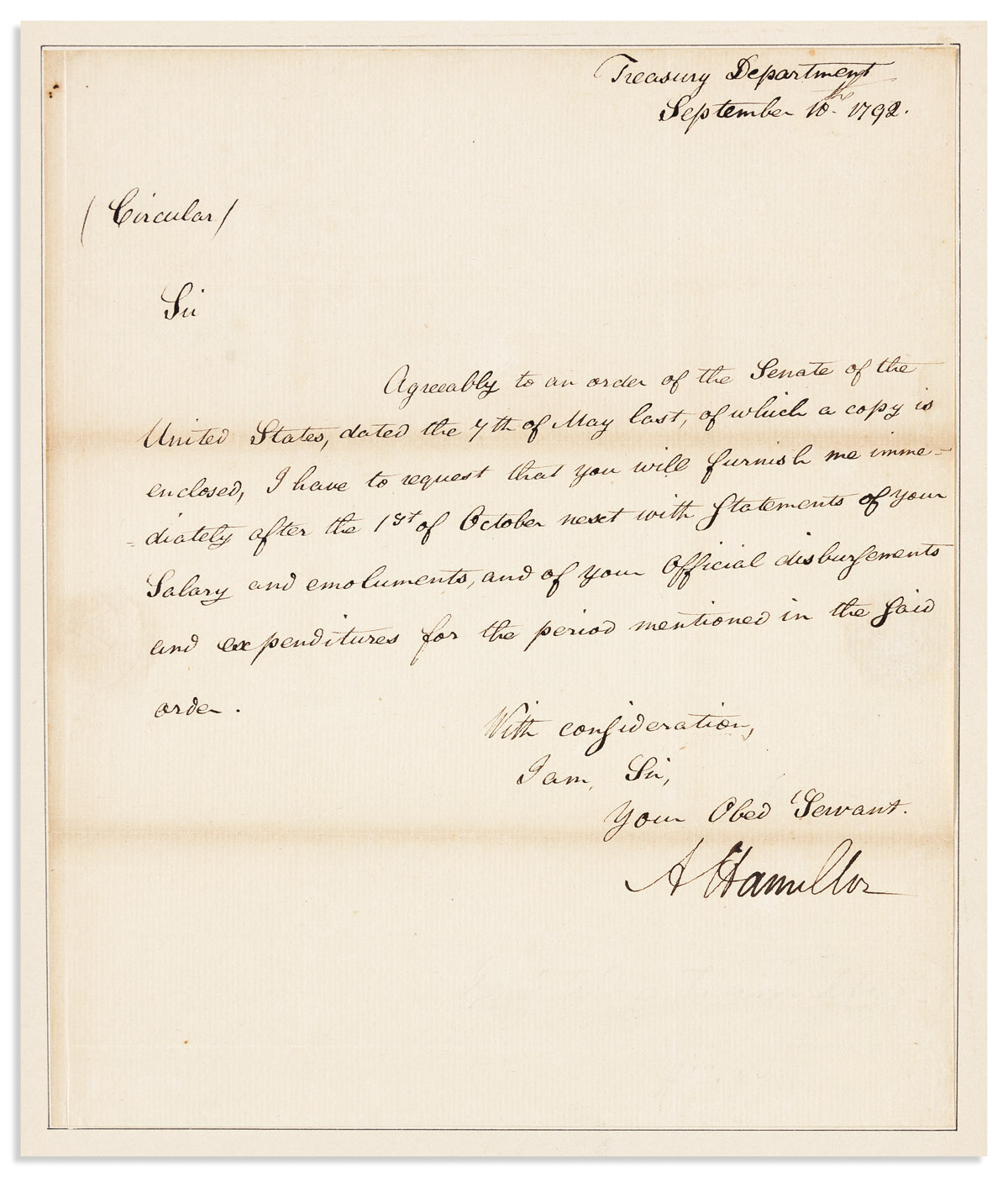HAMILTON, ALEXANDER. Letter Signed, AHamilton, as Secretary of the Treasury, to PA Commissioner of Loans Thomas Smith,